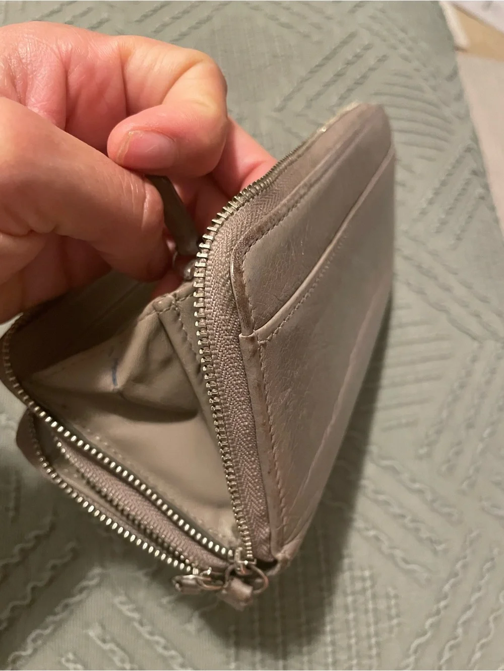 Coach Leather Zip Around Wallet in gray leather